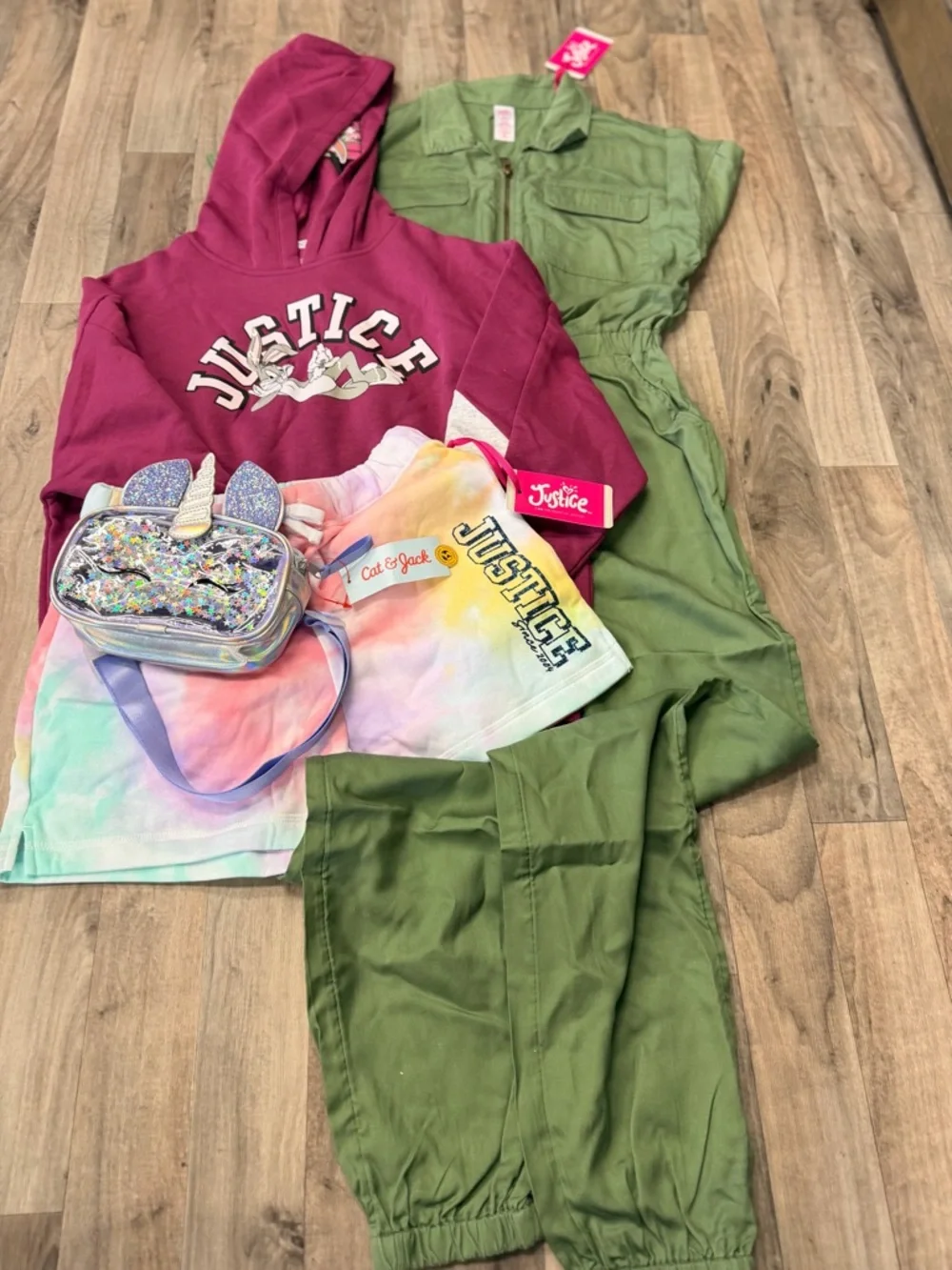 Justice Girls Olive‎ Utility Jumpsuit + Berry Hoodie and Pastel Tie-Dye Shorts